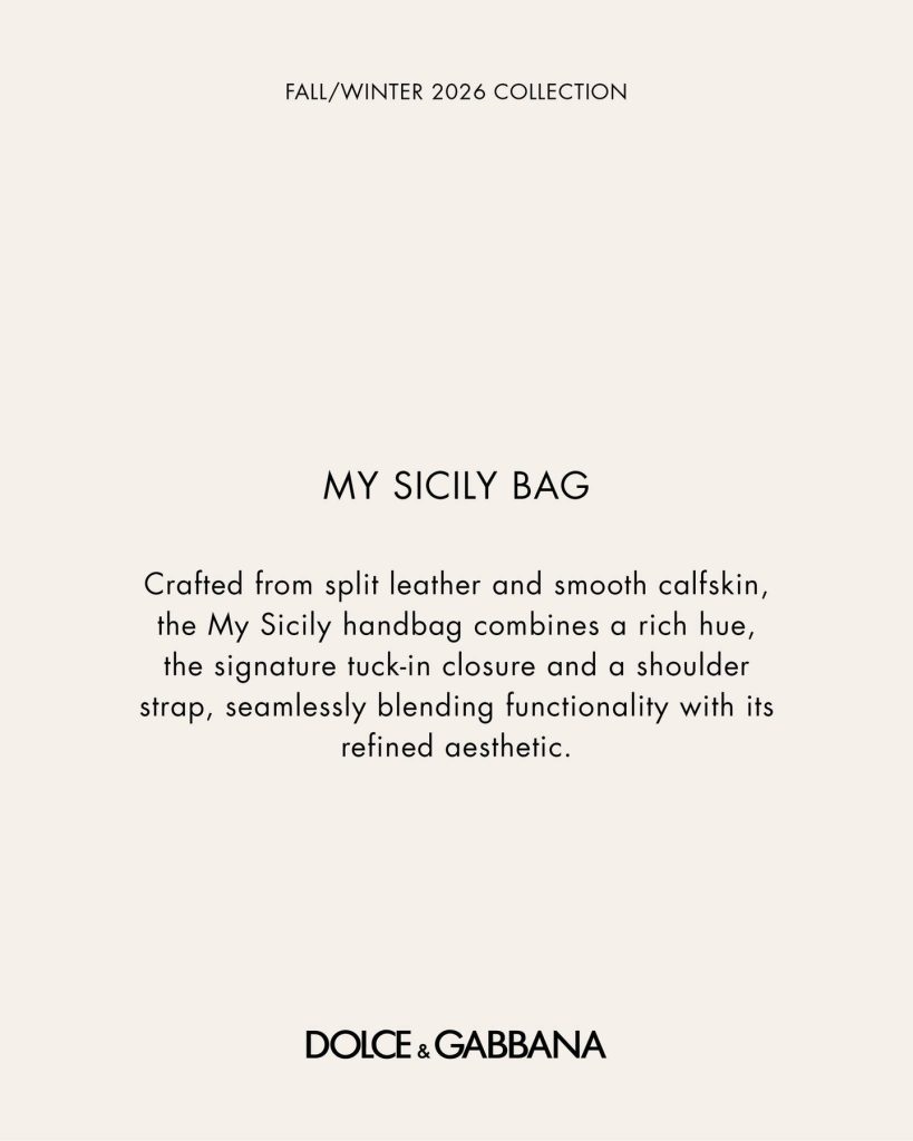 Sicily Bag styled within the broader context of Dolce & Gabbana's FW26 women's campaign aesthetic
