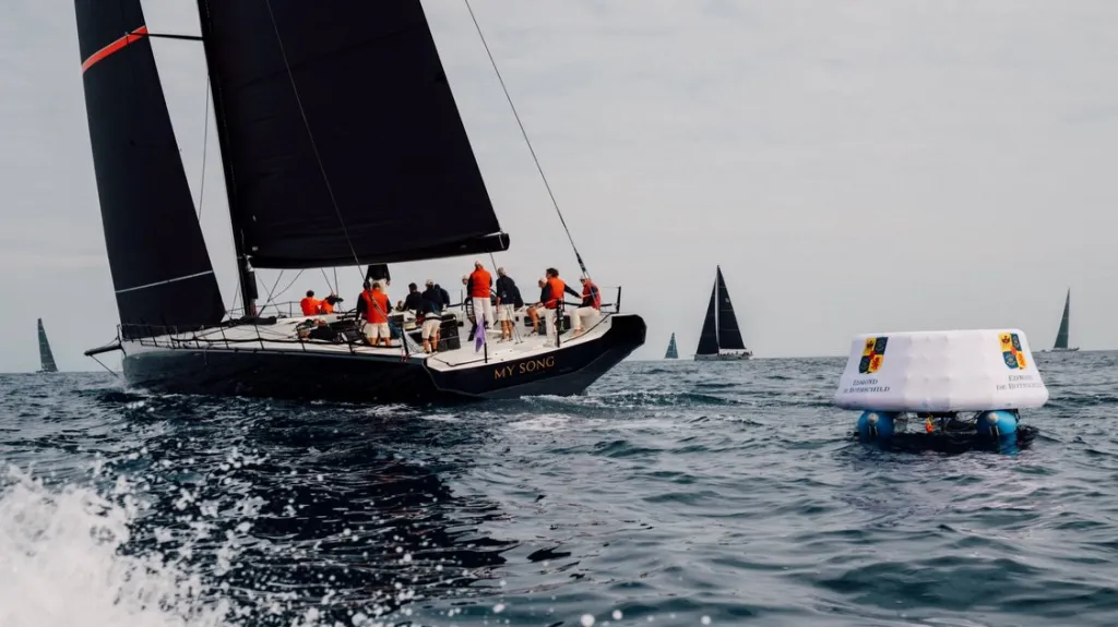 Detailed view of racing rigging and sails on a Maxi class yacht in competition