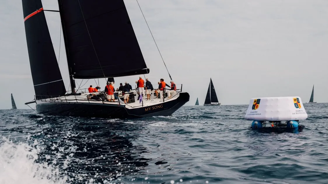 Detailed view of racing rigging and sails on a Maxi class yacht in competition