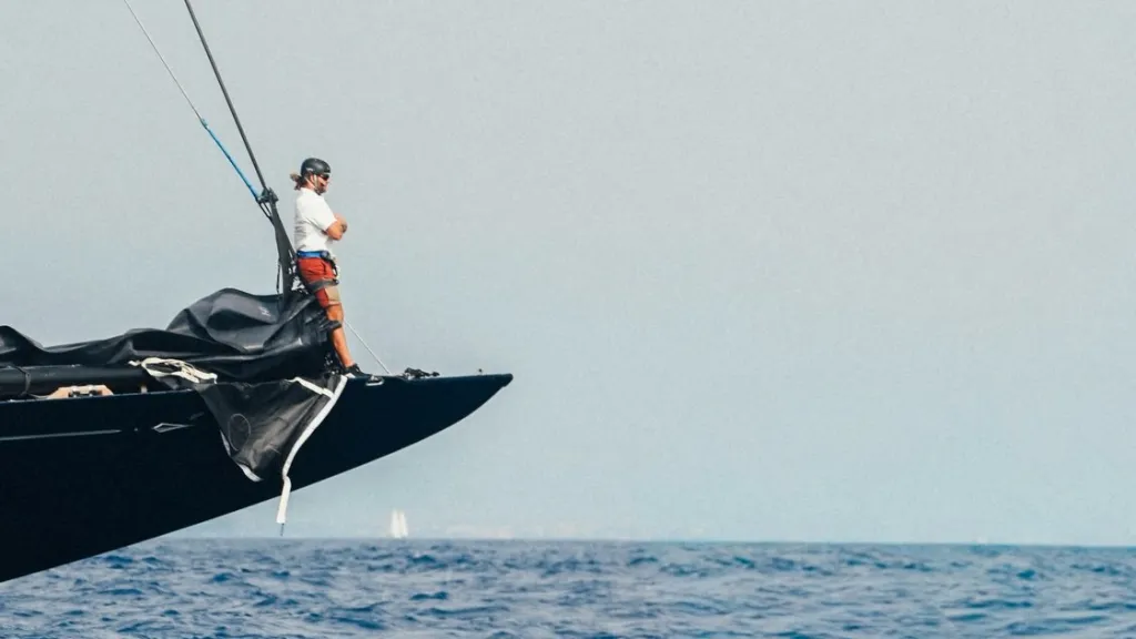 Panoramic view of the Saint-Tropez coastline with Maxi racing yachts competing in the bay