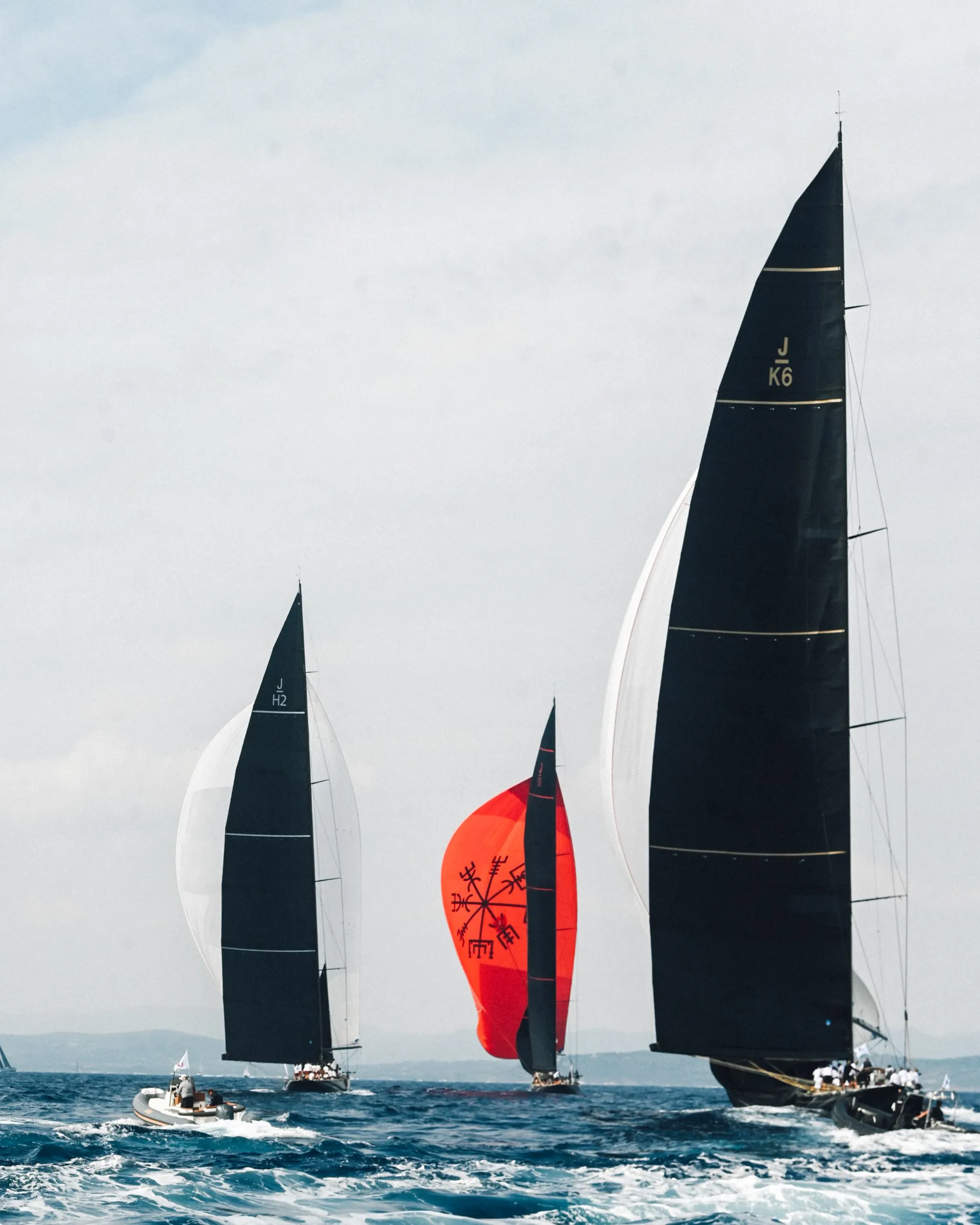 Multiple racing yachts competing simultaneously in the Gulf