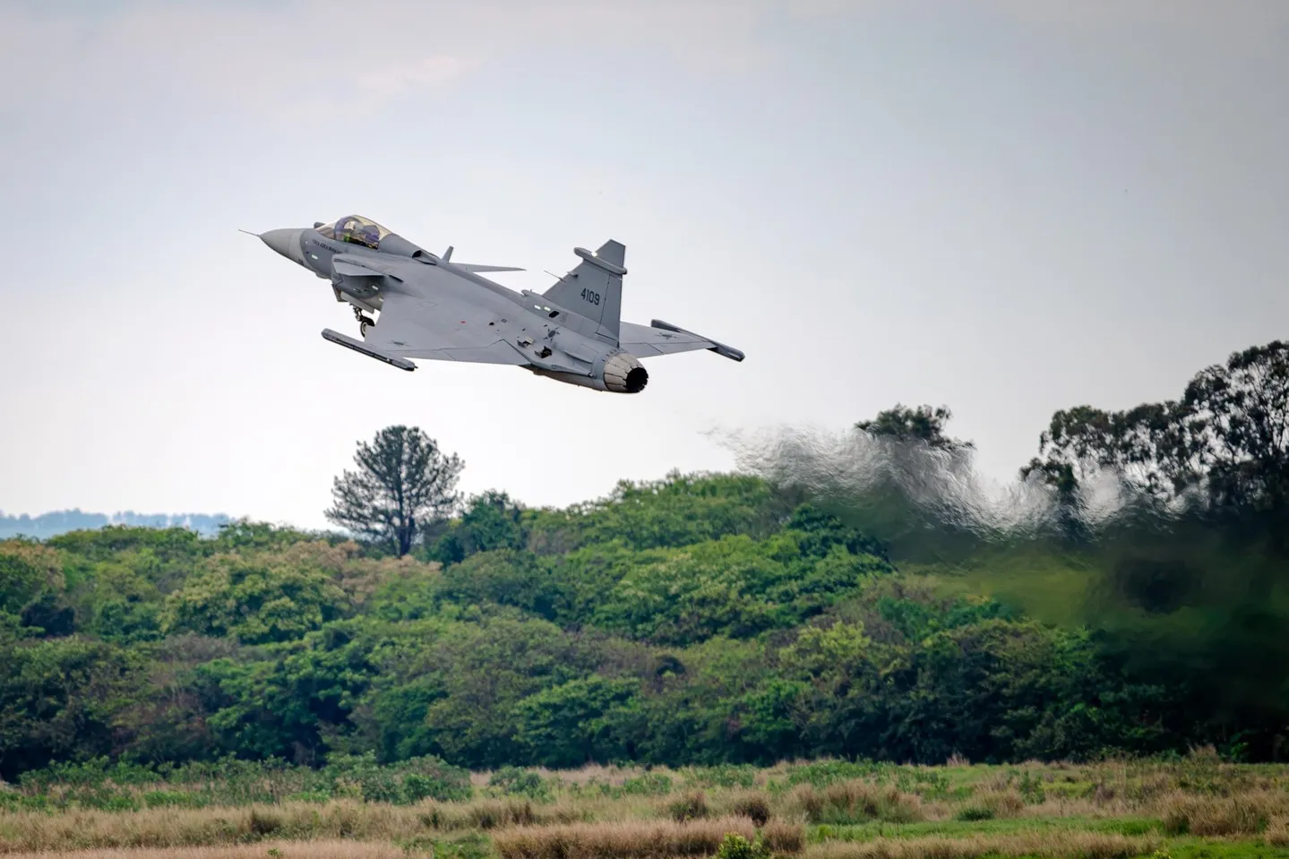Gripen E aircraft on runway at Embraer's São Paulo aerospace complex