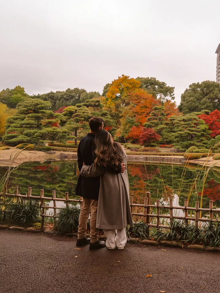 Autumn foliage glowing in vivid crimson and gold tones within a Tokyo urban park setting