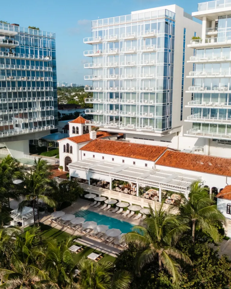 Faena Hotel Miami Beach's neoclassical architecture and contemporary elegance in Surfside, featuring grand columns and sophisticated design