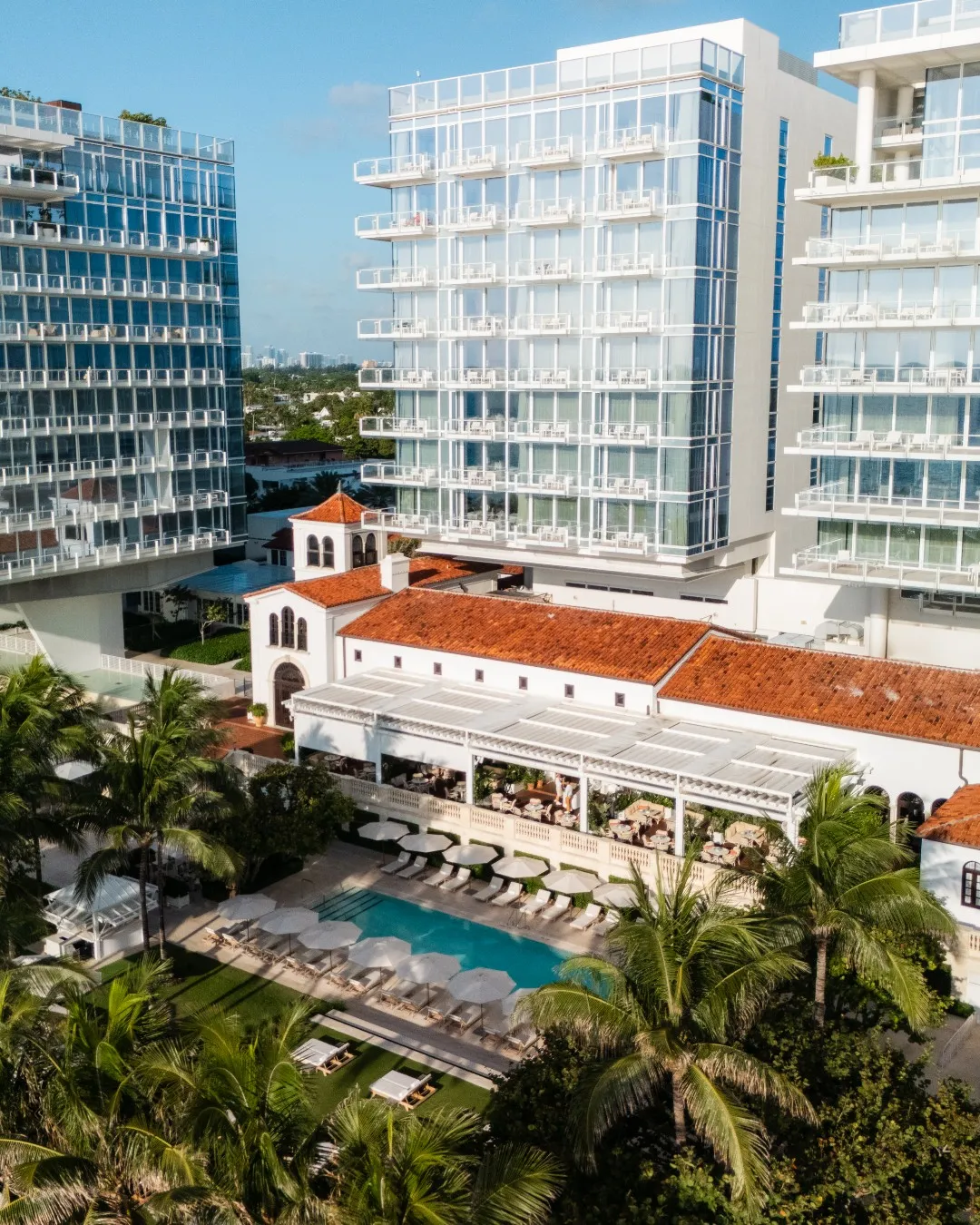 Faena Hotel Miami Beach's neoclassical architecture and contemporary elegance in Surfside, featuring grand columns and sophisticated design