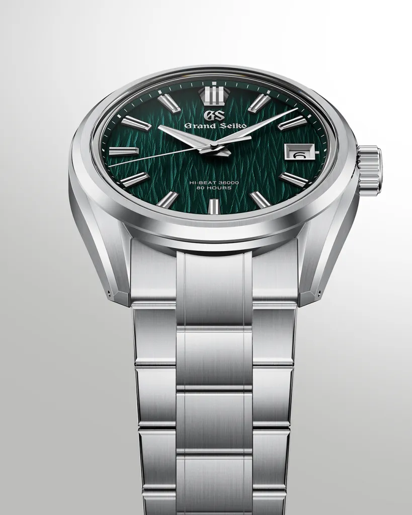 Wrist presentation of the Evolution 9 timepiece demonstrating the tapered bracelet and refined proportions