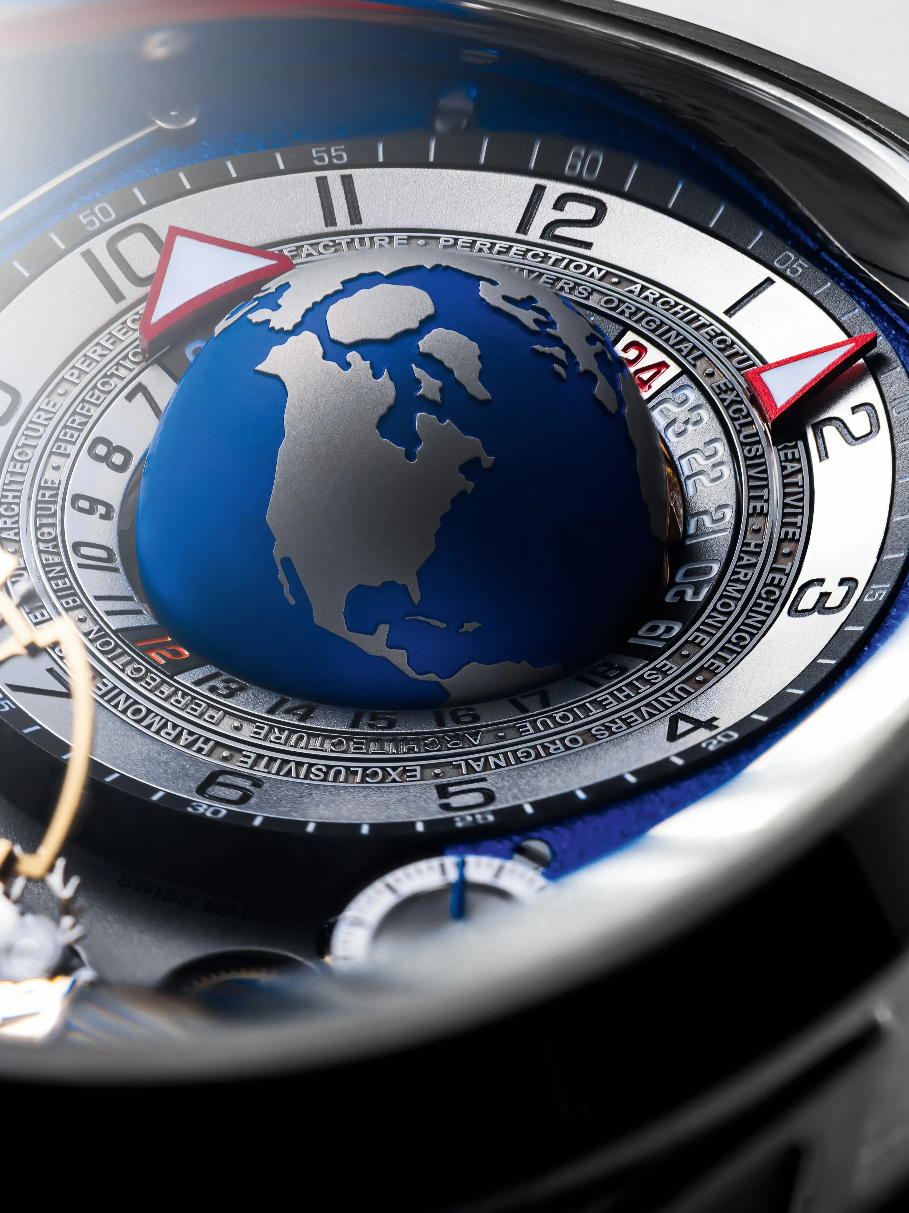 The Greubel Forsey GMT Balancier Convexe timepiece featuring a rotating globe display showing world time zones with day and night divisions across continents