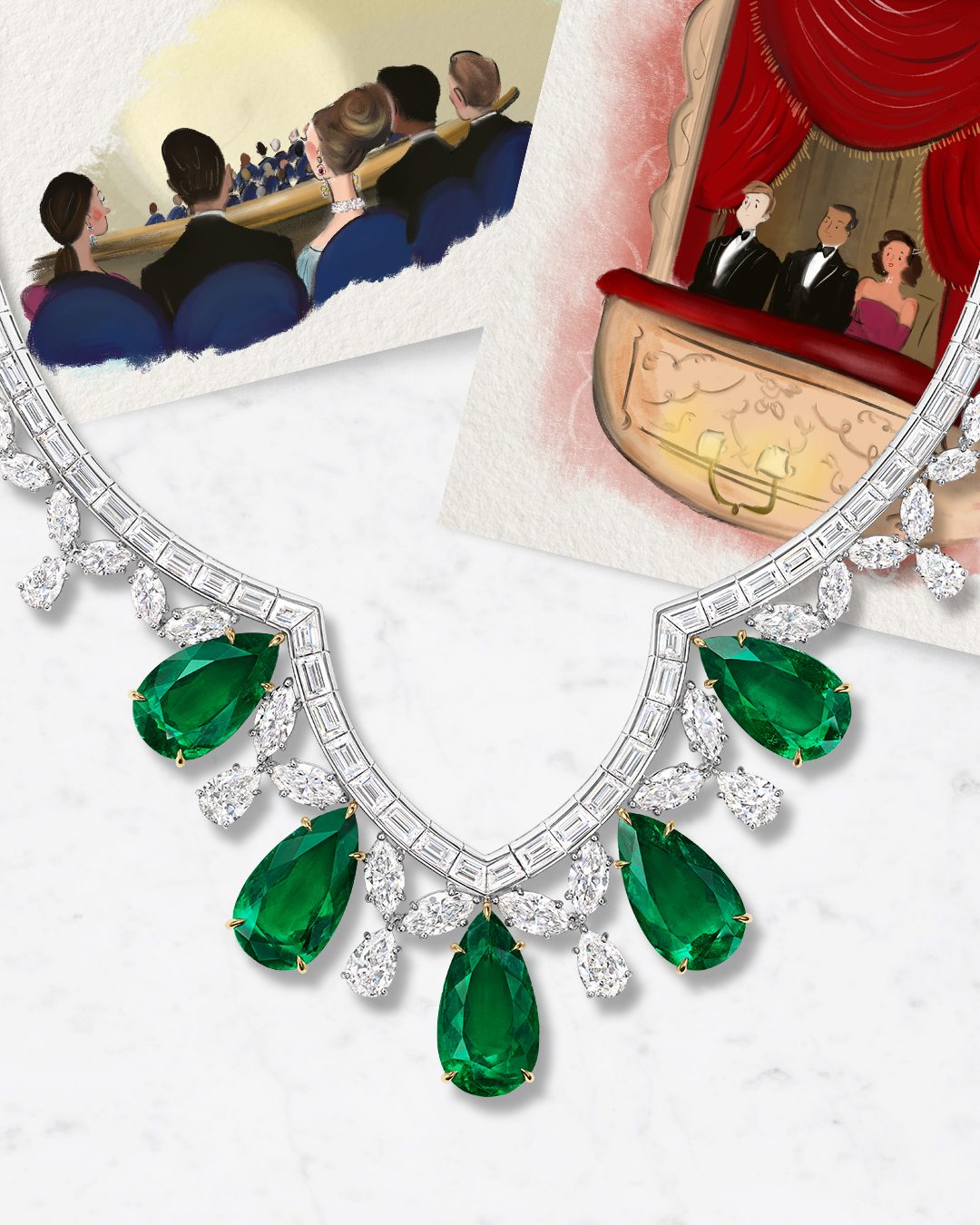 Harry Winston Cathedral Necklace featuring pear-shaped emeralds and diamonds, inspired by St. Patrick's Cathedral neo-gothic architecture