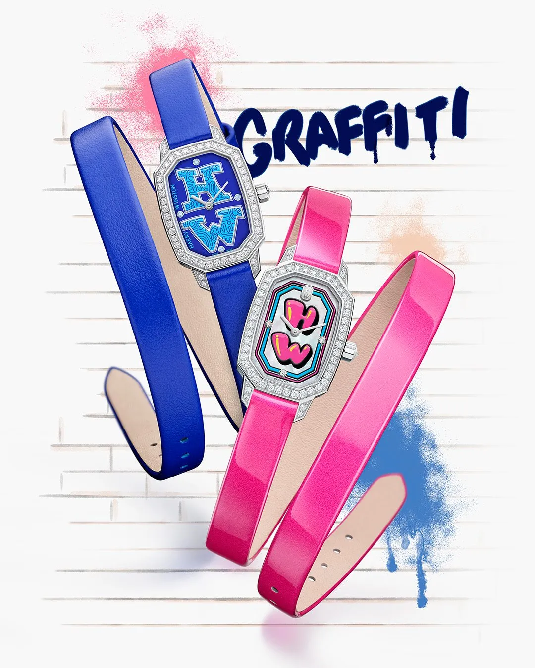 Harry Winston Emerald Graffiti Timepiece in navy blue and vibrant pink, inspired by New York downtown street art and urban expression