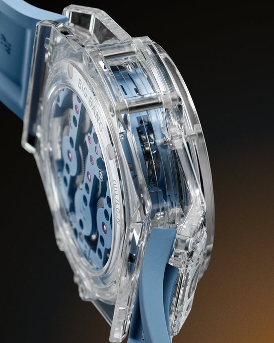 Close-up detail of the Big Bang Sapphire Sky Blue mechanism visible through the crystal-clear sapphire case construction