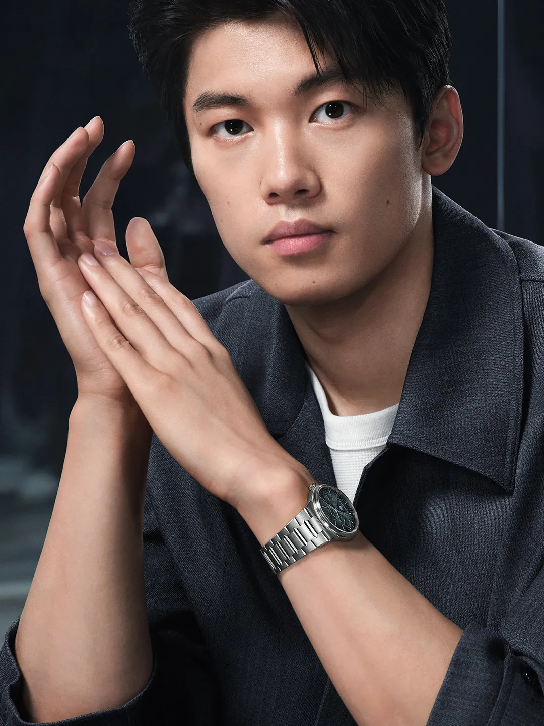 Master Control Chronometre Perpetual Calendar steel watch on wrist showing dial and integrated bracelet