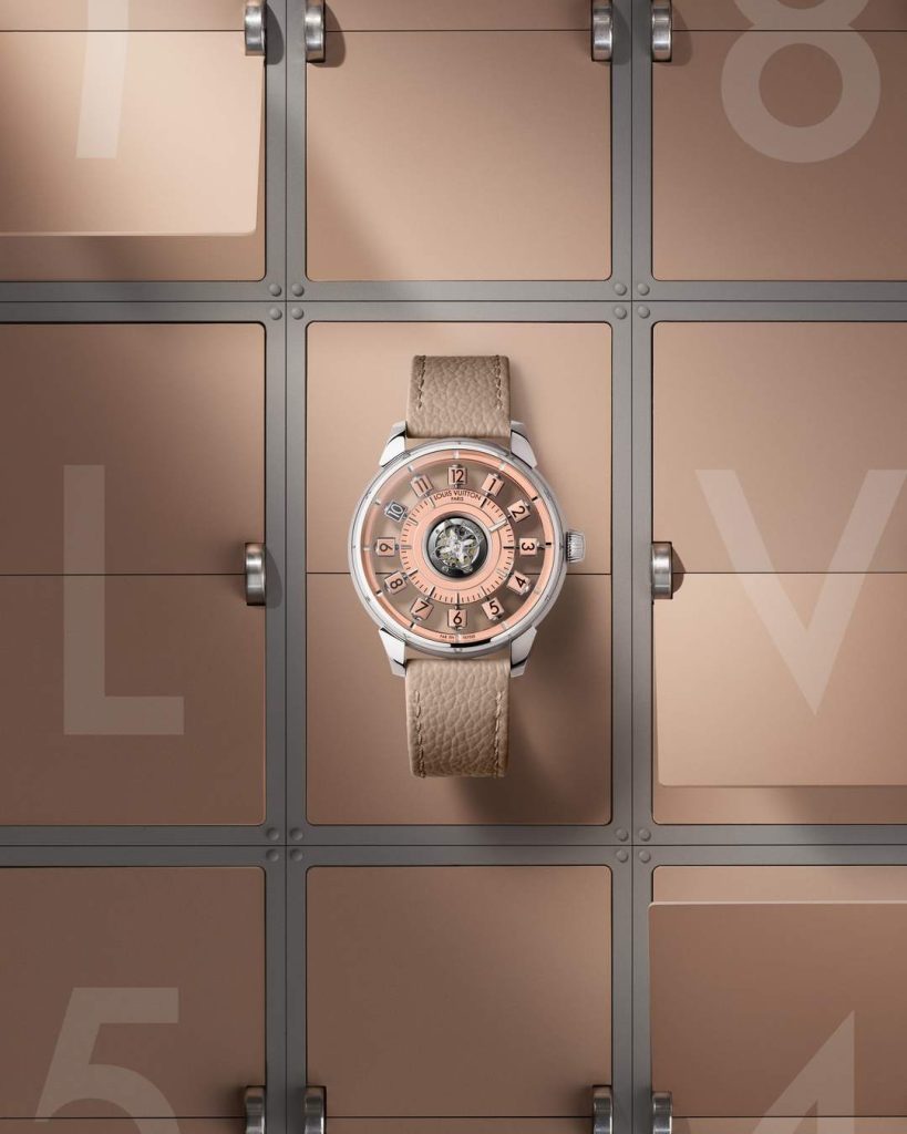 Side profile of the Spin Time Air watch highlighting the elegant platinum case and dial proportions