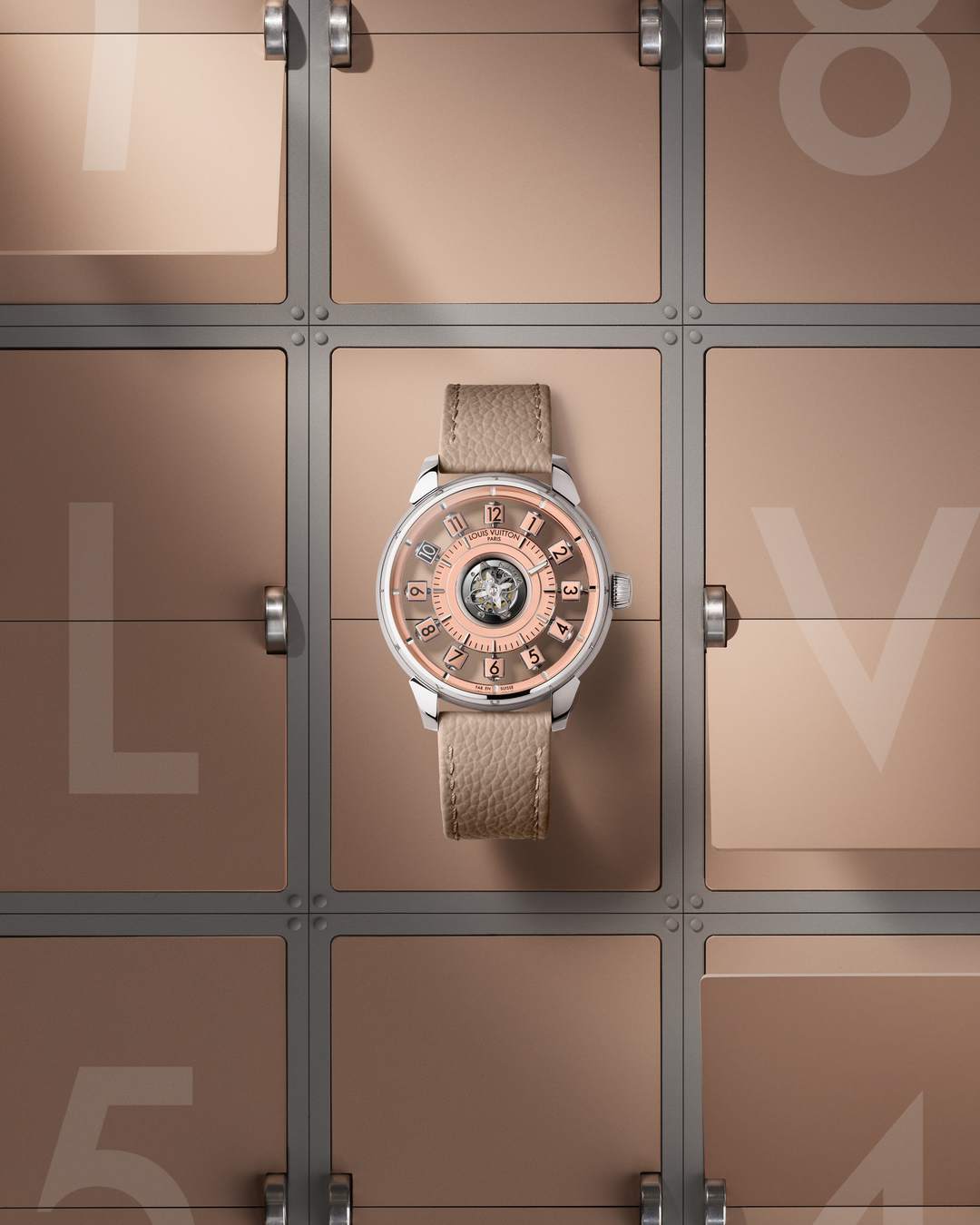 Side profile of the Spin Time Air watch highlighting the elegant platinum case and dial proportions