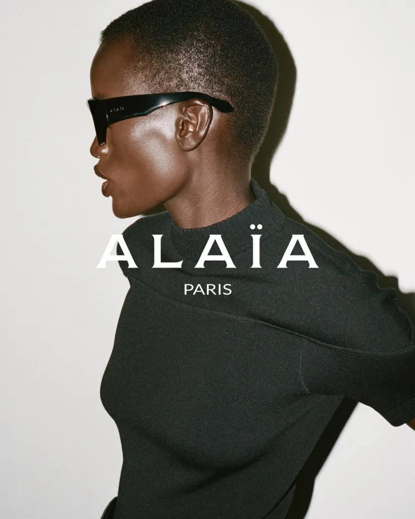 Full length Alaïa couture look demonstrating signature maison craftsmanship and precision