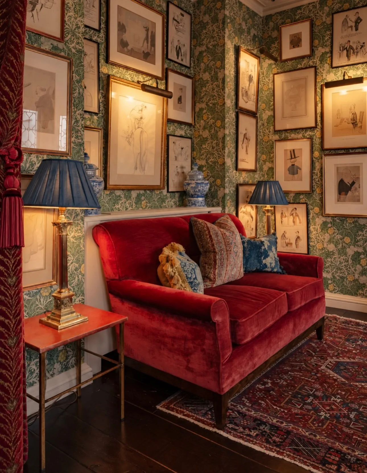 A refined corner of Marks Club's Games Room featuring traditional furnishings and autumnal ambiance