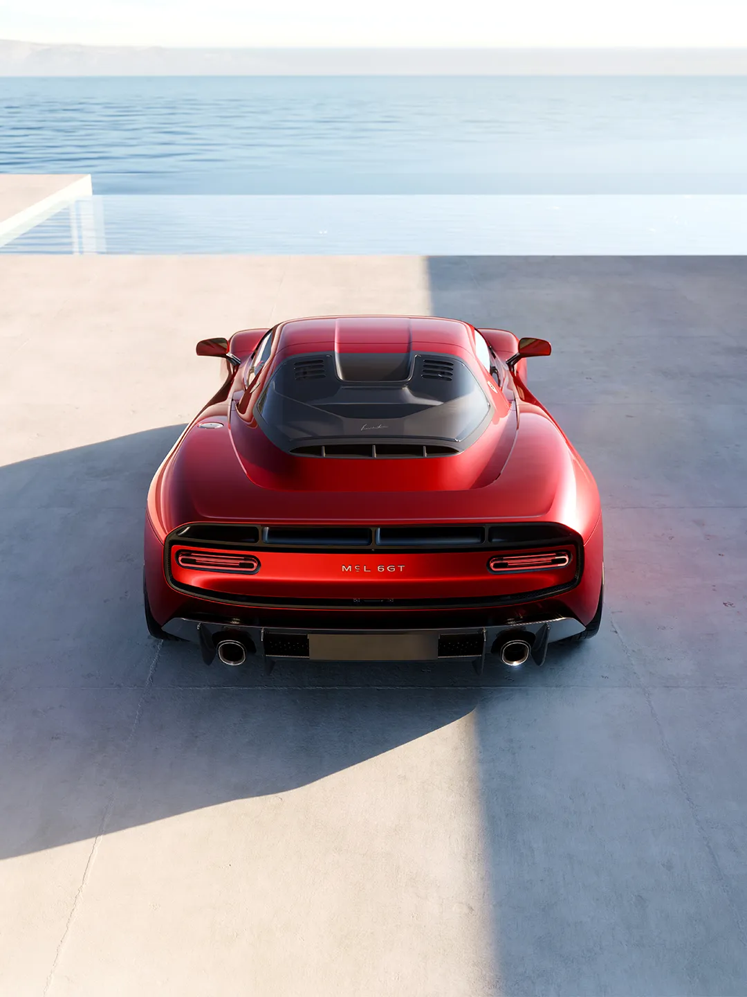 Detailed view of the 6GT's flowing form and premium red paint finish