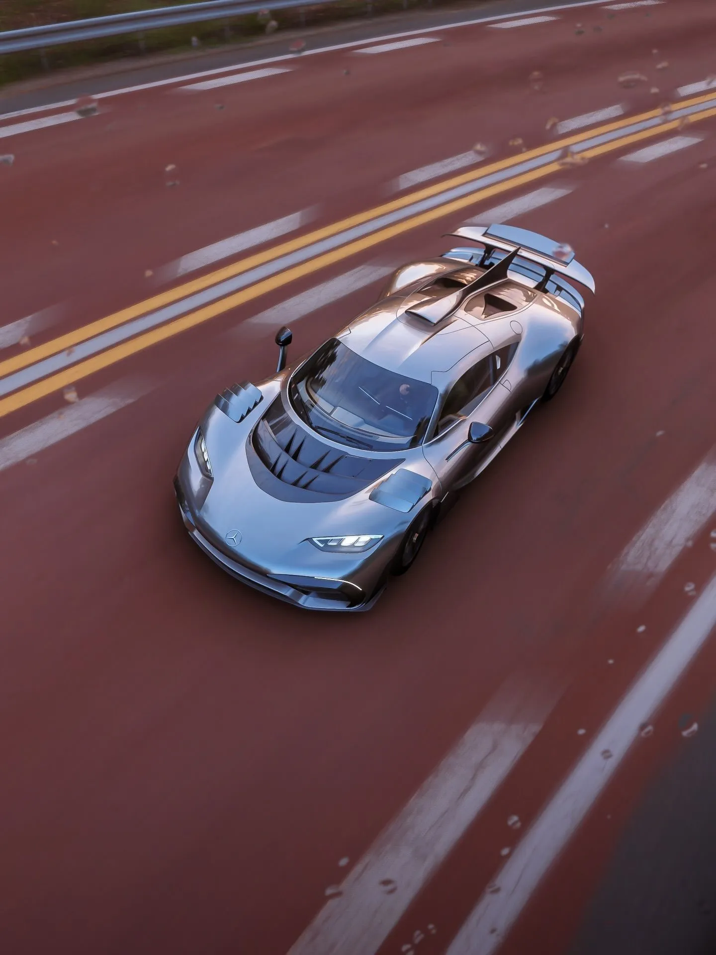 Mercedes-AMG ONE hypercar in dynamic motion, showcasing its aerodynamic profile and aggressive stance
