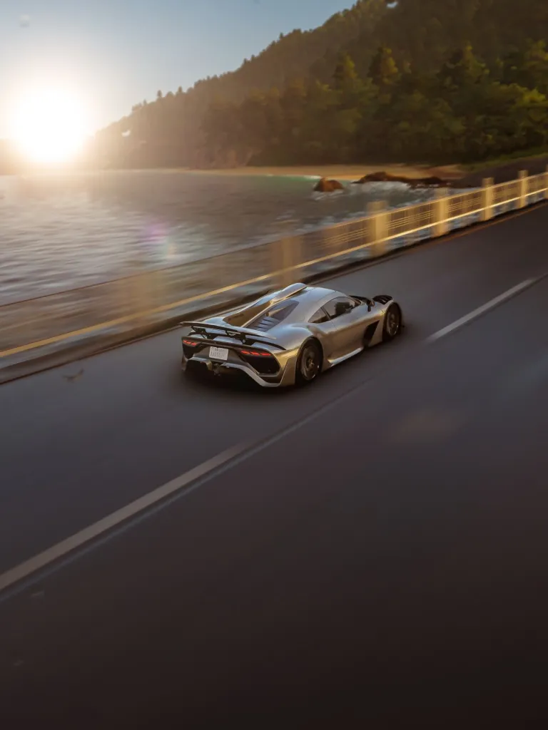 Front quarter view of the Mercedes-AMG ONE emphasizing its cutting-edge styling and performance-driven engineering