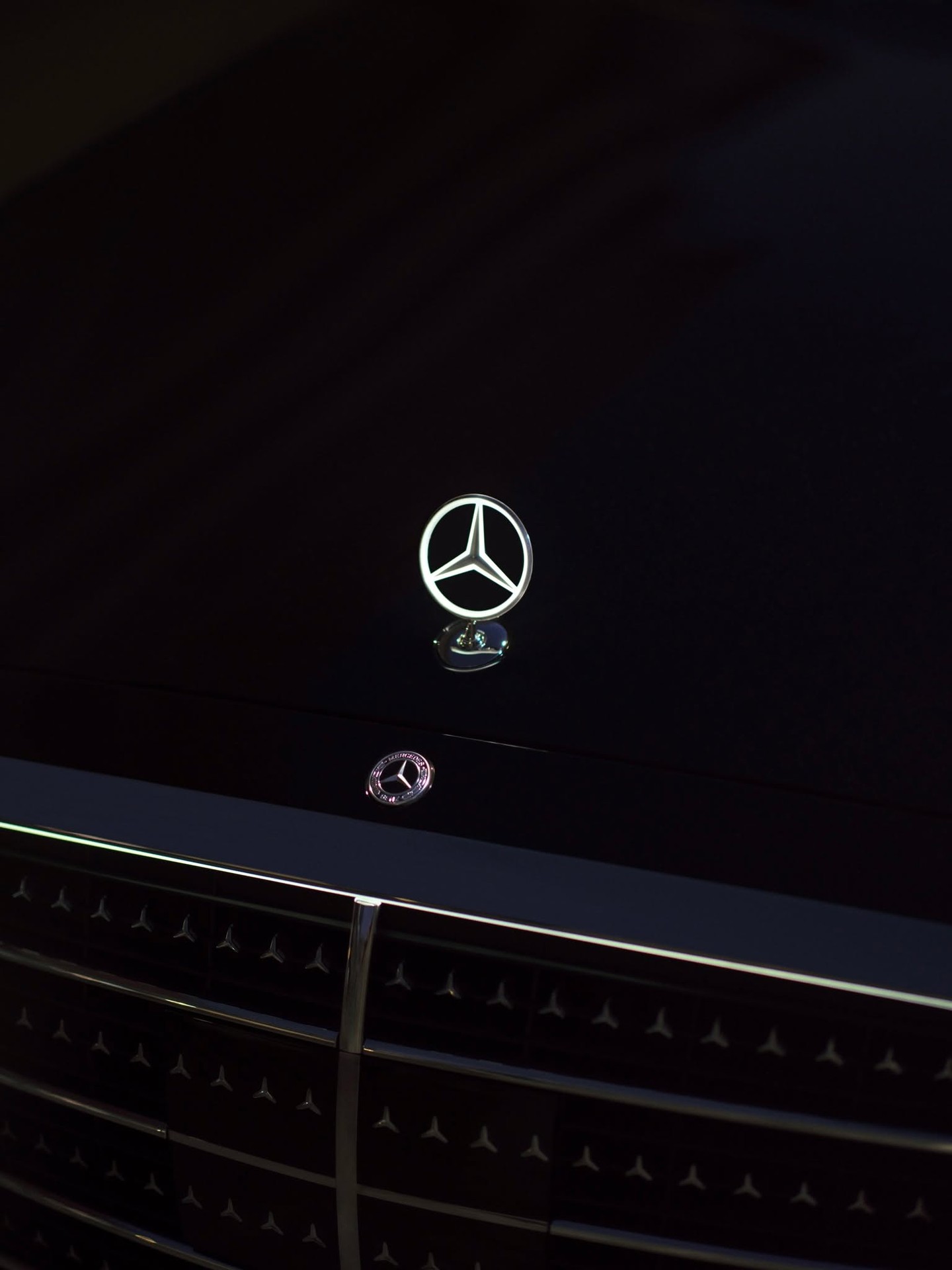 Detail view of the optional illuminated Star badge highlighting refined Mercedes-Benz engineering