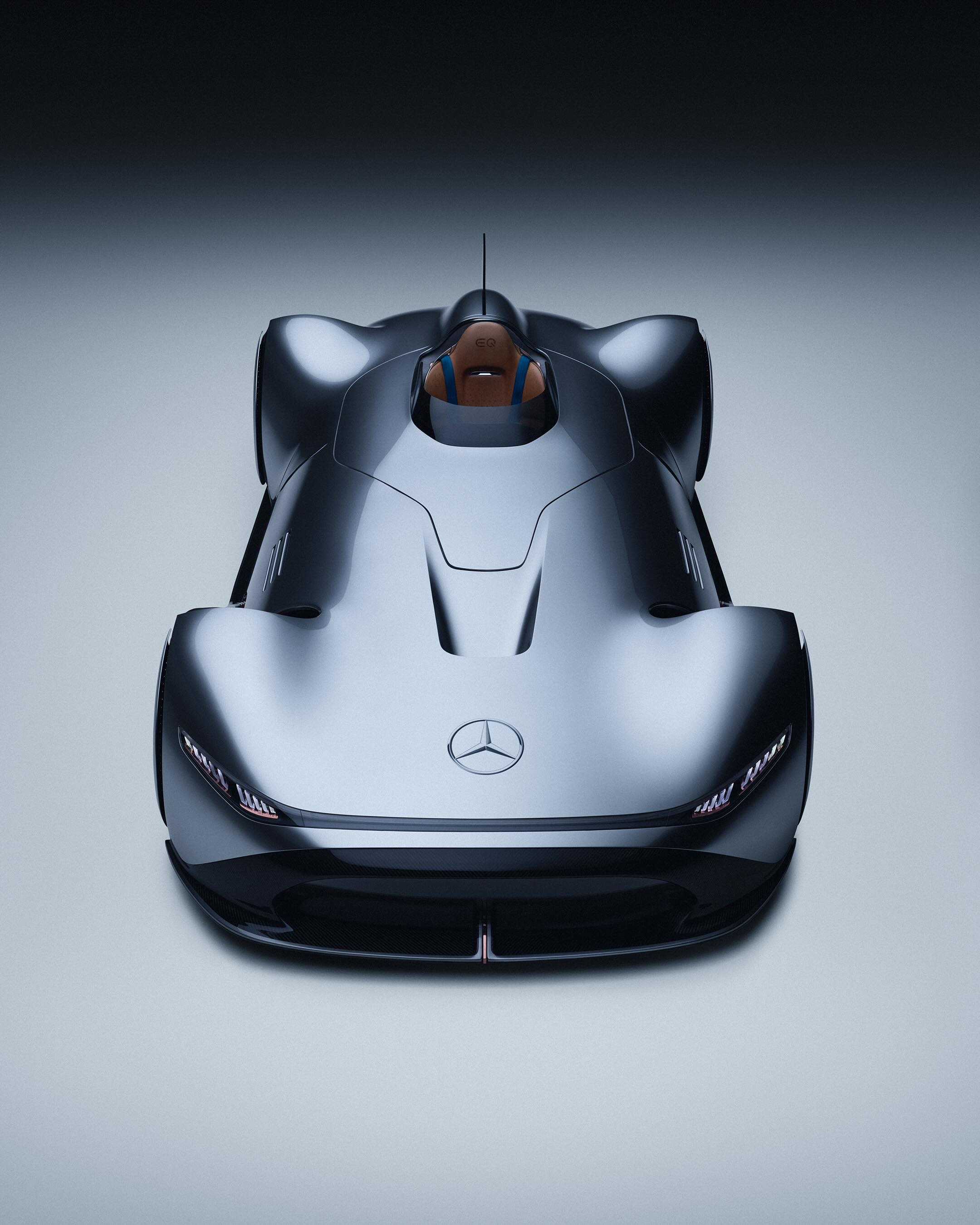 Mercedes-Benz Vision EQ Silver Arrow electric single-seater, front three-quarter view showcasing aerodynamic silhouette
