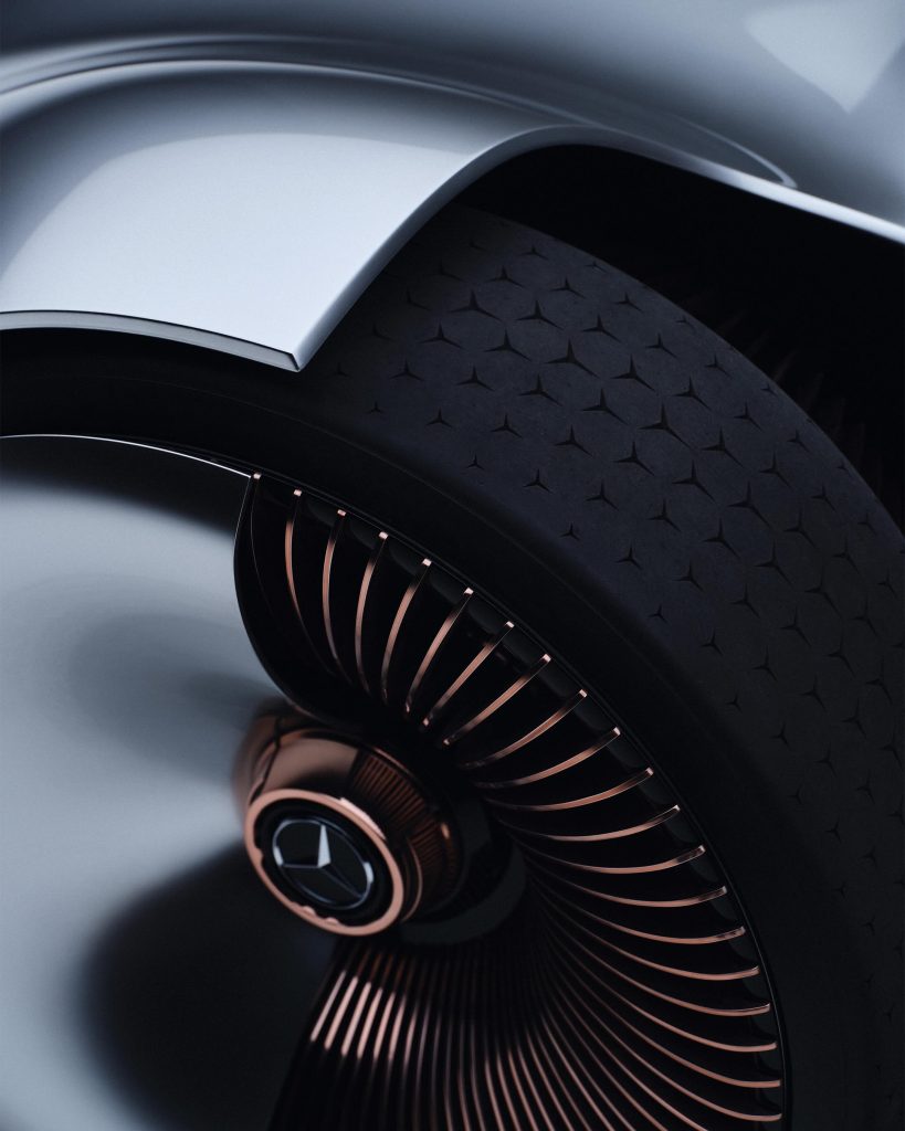 Extendable rear spoiler detail of the Vision EQ Silver Arrow in deployed position functioning as air brake