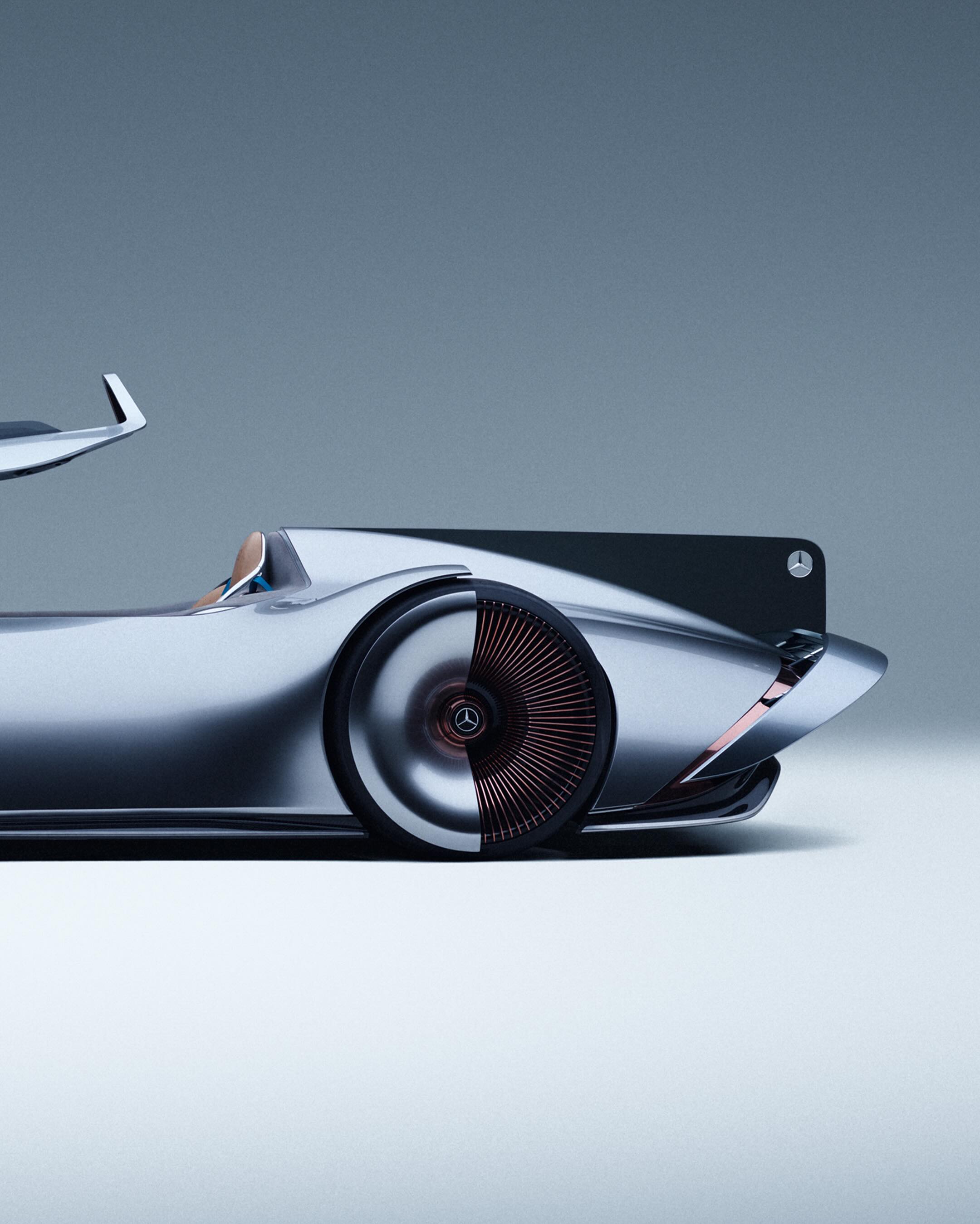 Close-up detail of the Vision EQ Silver Arrow's innovative air brake spoiler mechanism