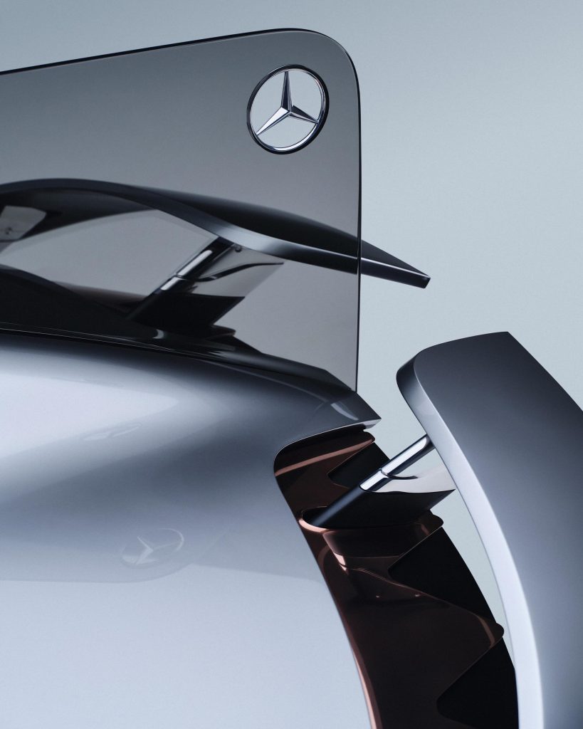 Full side profile of the futuristic Mercedes-Benz Vision EQ Silver Arrow electric concept vehicle