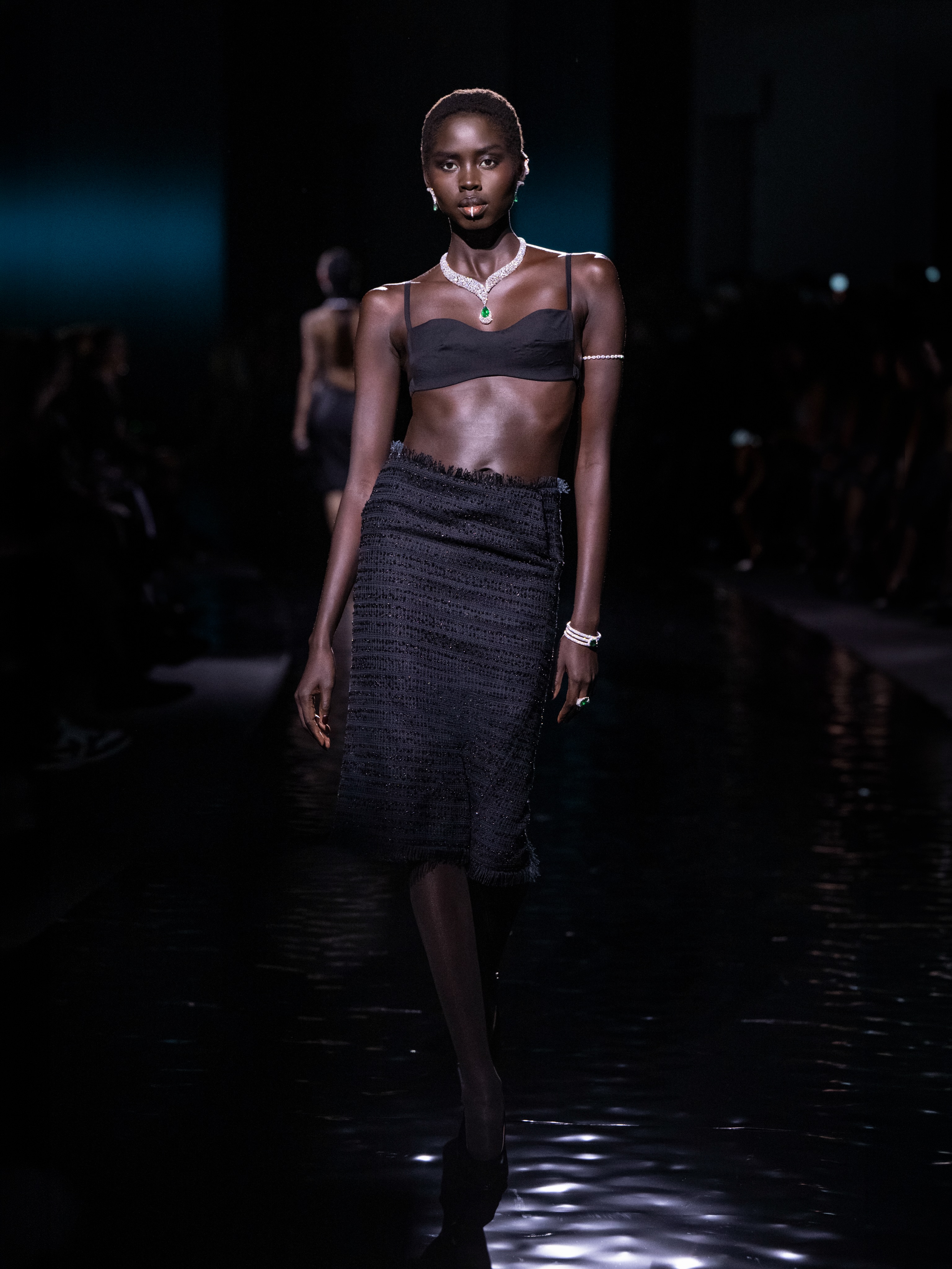 Messika High Jewelry 2026 model wearing statement gemstone necklace with contrasting coloured stones