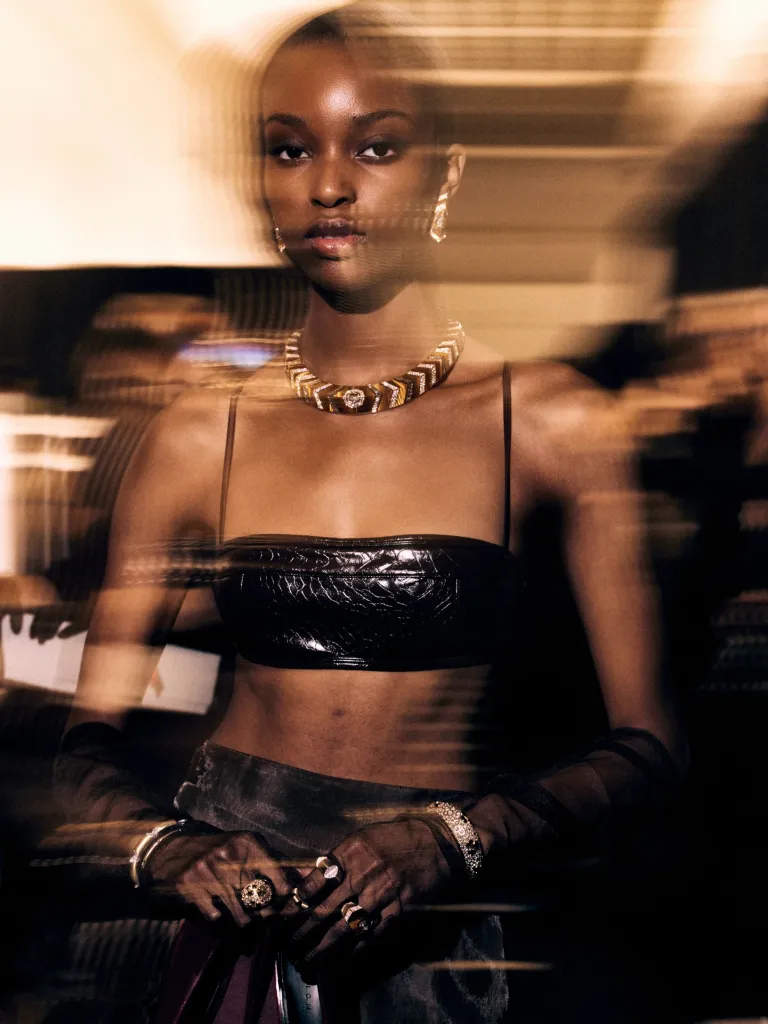 Close detail of a model wearing a haute joaillerie necklace from Messika's 2026 collection