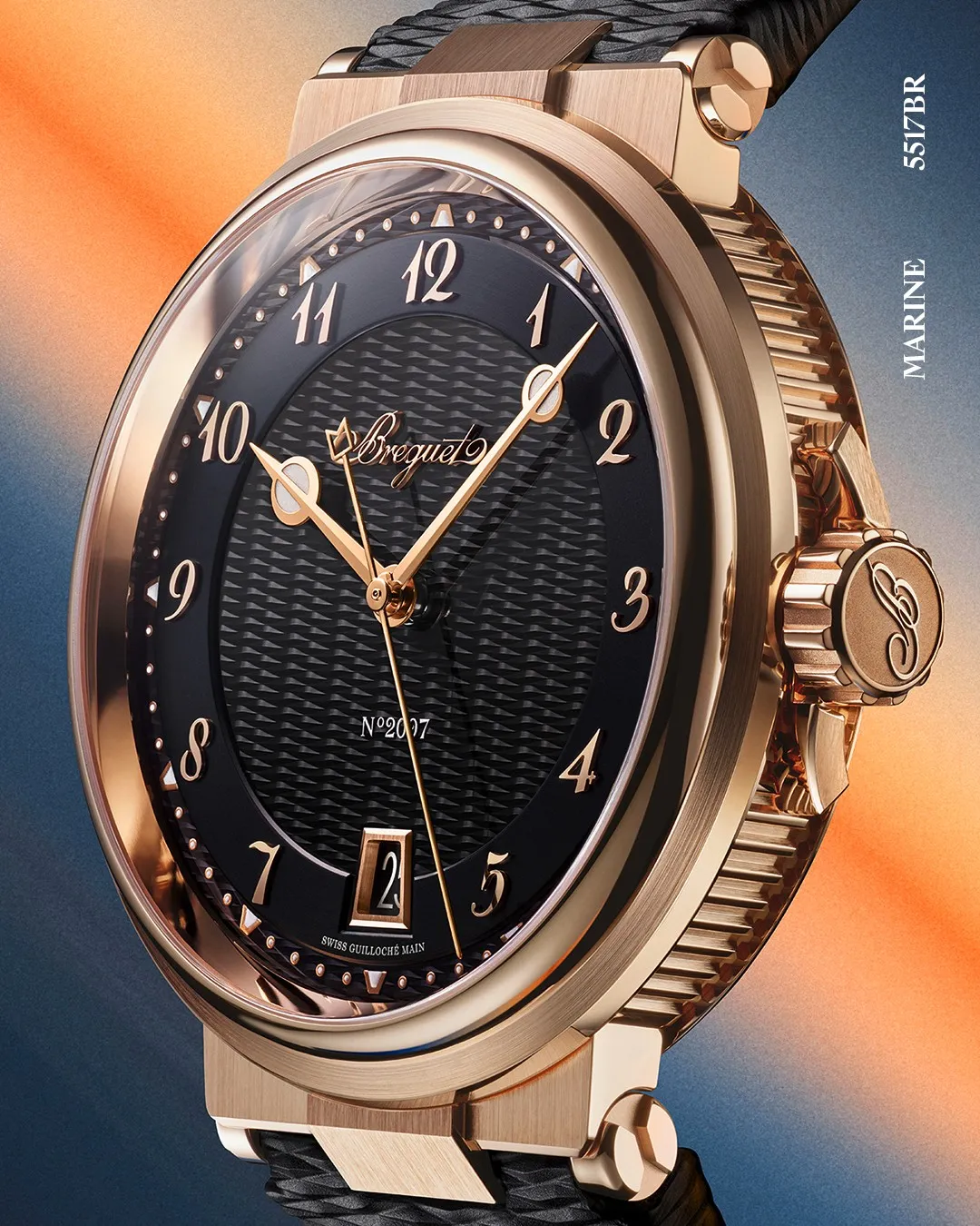 The Breguet Marine 5517BR timepiece, displaying the distinctive crown guard with flowing lines evocative of ocean swells and maritime heritage