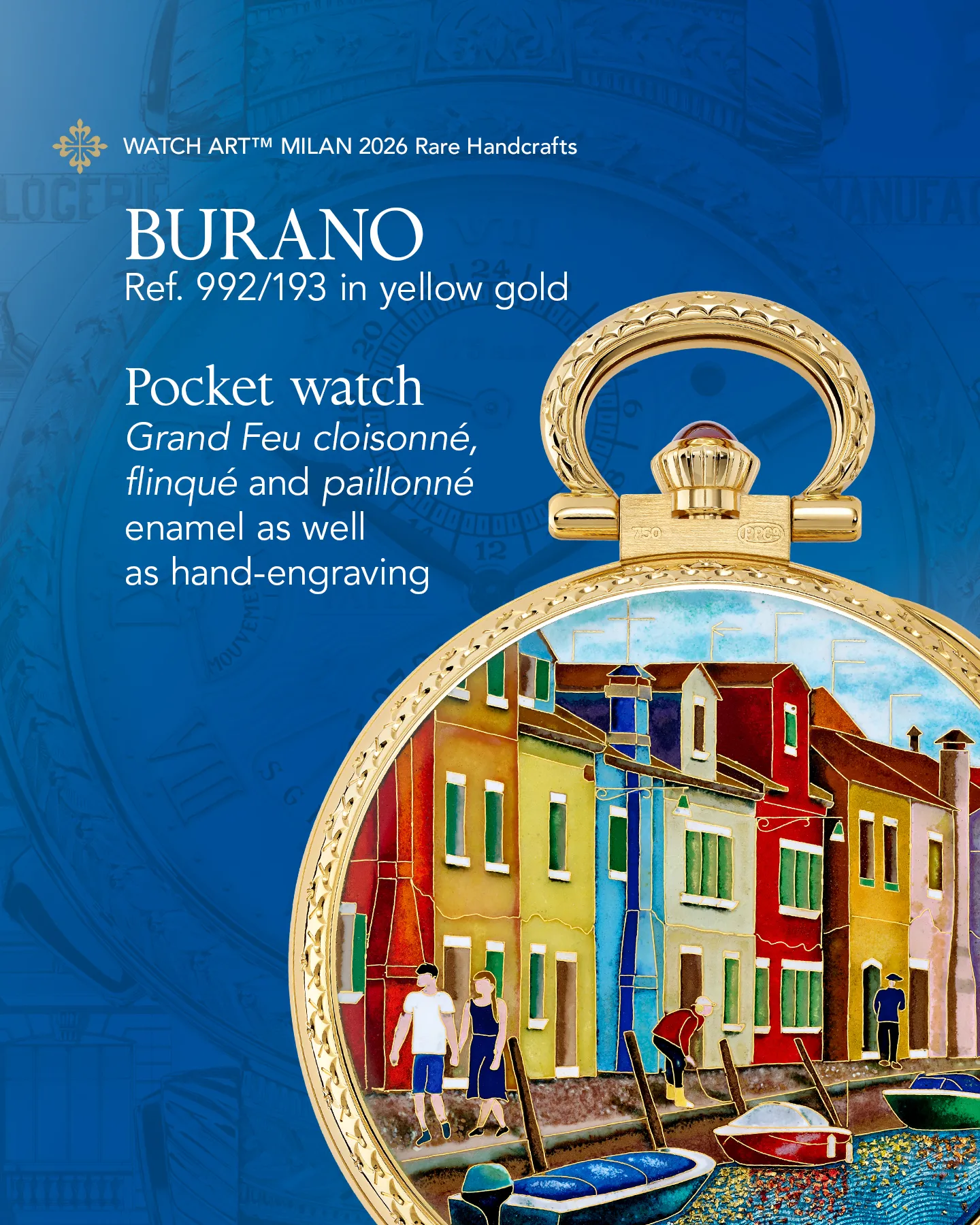 Close detail of the Burano pocket watch's intricate wave pattern guilloché work beneath translucent enamel