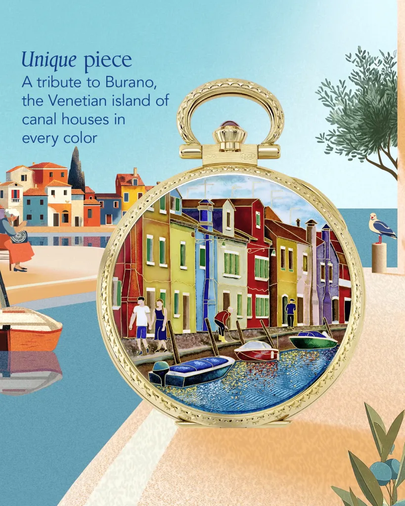 Cloisonné enameling detail showing the seventy-colour palette and gold wire construction of the Burano dial
