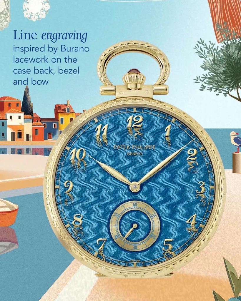The yellow gold presentation stand for the Burano pocket watch with capstan knot and gem-set rings