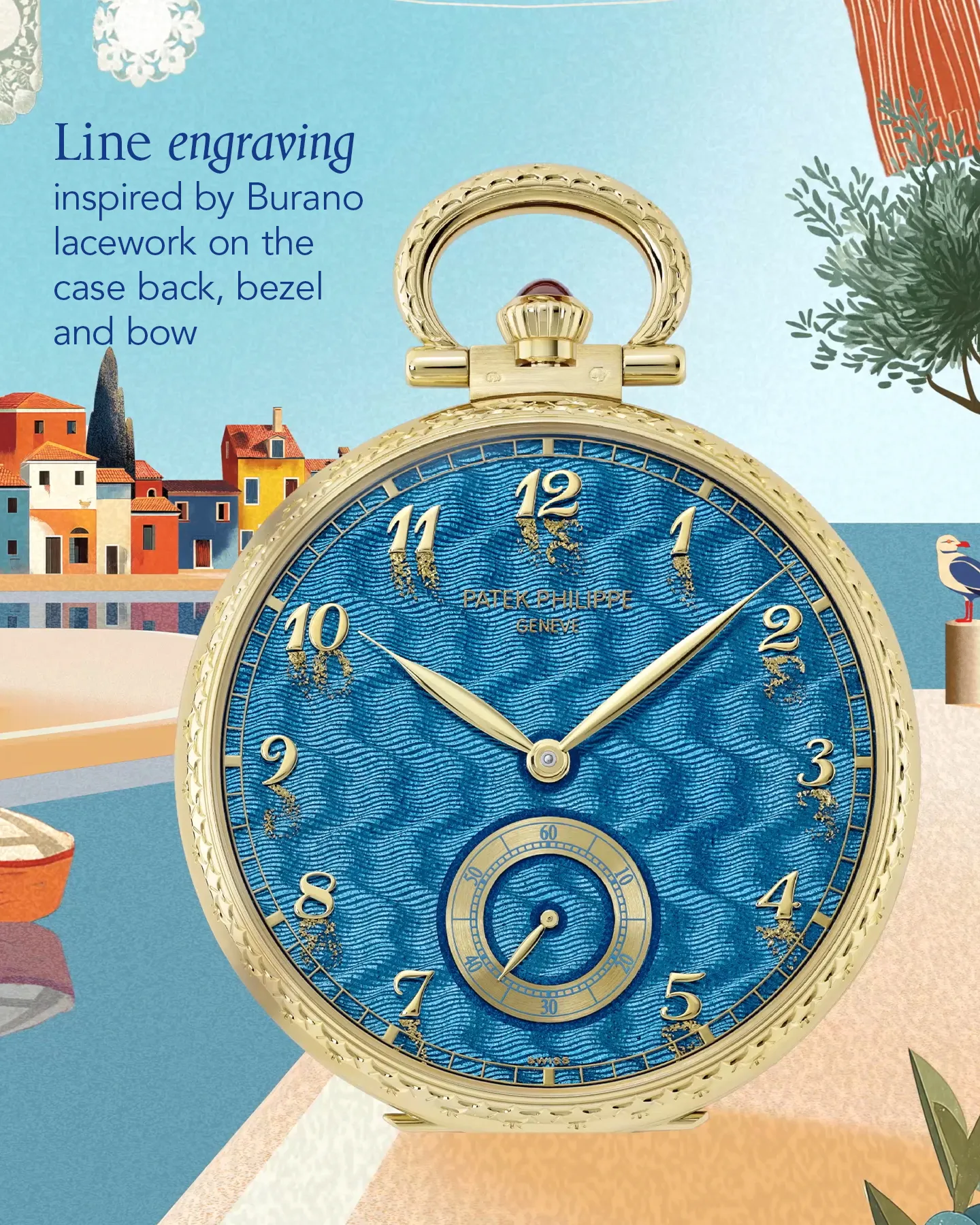 The yellow gold presentation stand for the Burano pocket watch with capstan knot and gem-set rings