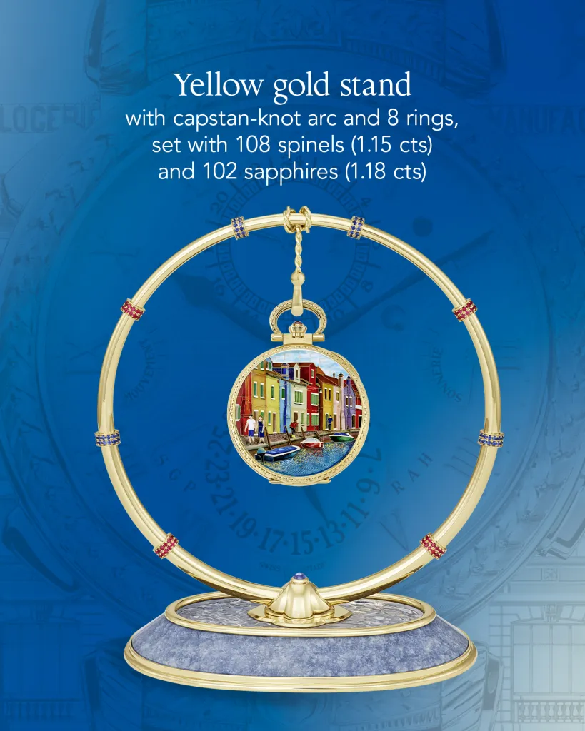 Complete view of the Burano pocket watch displayed on its bespoke yellow gold stand
