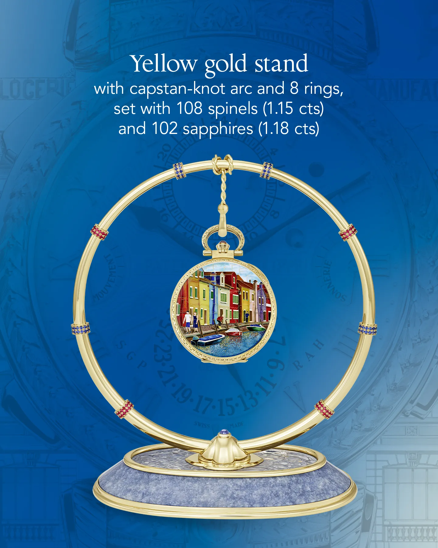 Complete view of the Burano pocket watch displayed on its bespoke yellow gold stand