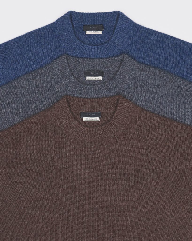 Serene studio composition featuring Prada Re-Cashmere and Re-Wool pieces in neutral tones