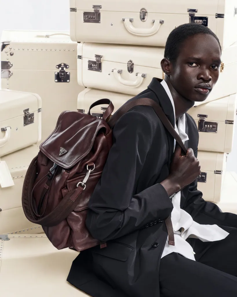 Close detail of Prada backpack structure and innovative material construction