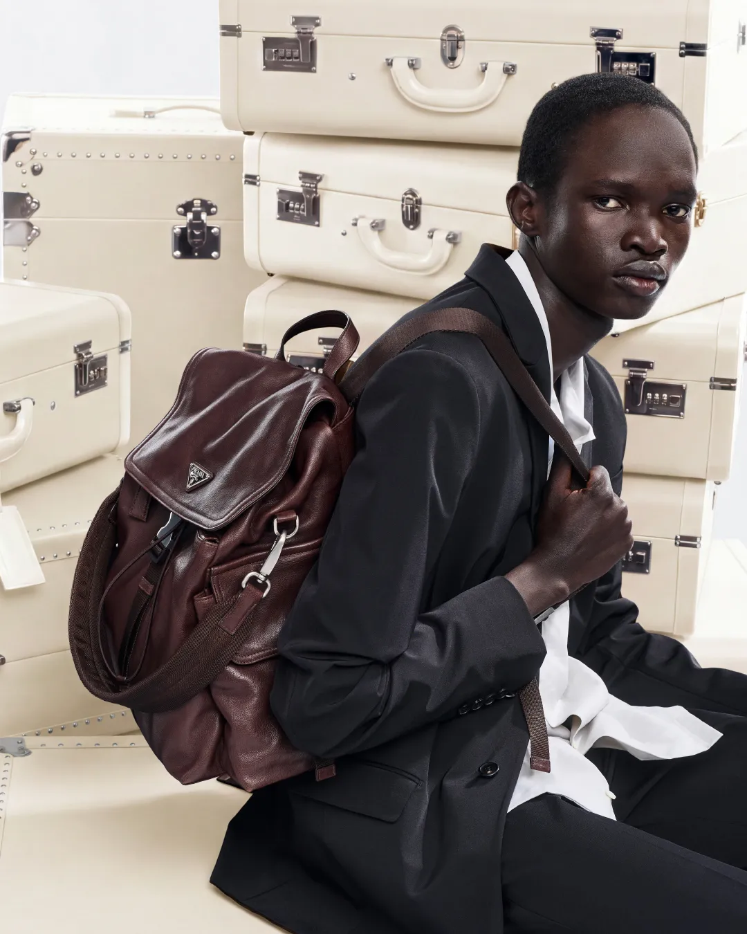 Close detail of Prada backpack structure and innovative material construction