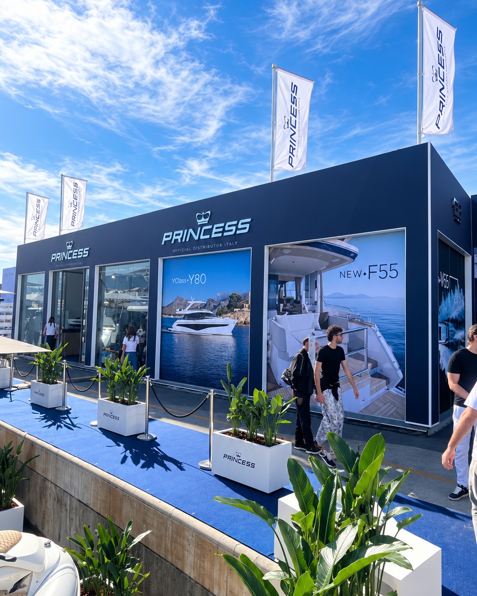 Seven Princess Yachts lined up at Genoa's Salone Nautico Internazionale, showcasing the V, F, S and Y Classes