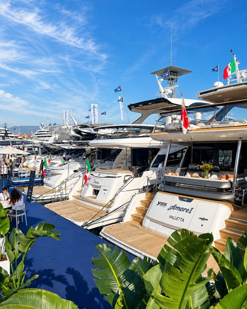 Close detail of Princess Yacht vessels moored at the Genoa Boat Show, demonstrating the brand's design sophistication