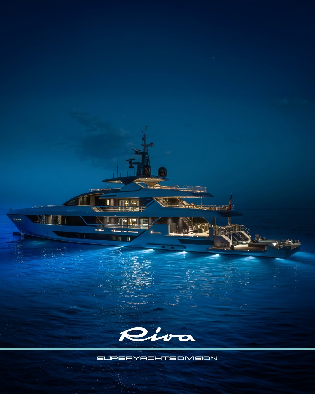 The Riva 54Metri superyacht displaying its elegant silhouette and refined design lines, exemplifying Italian maritime craftsmanship and contemporary luxury yacht architecture
