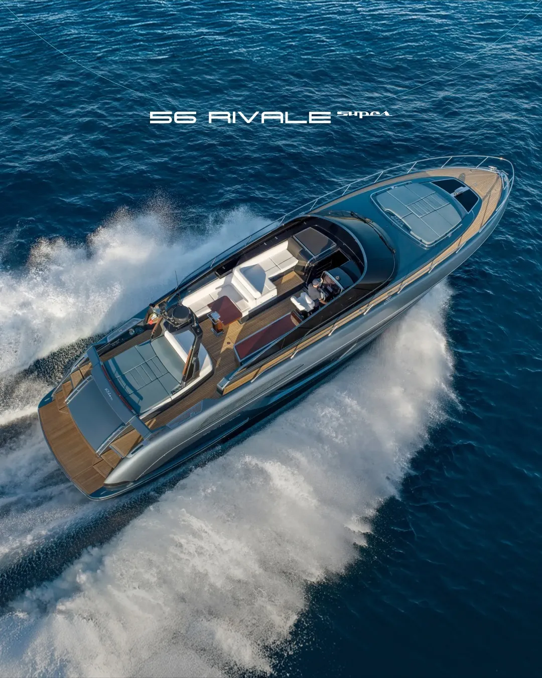 The Riva 56' Rivale yacht displayed in full profile, showcasing its elegant Italian design and modern hull form