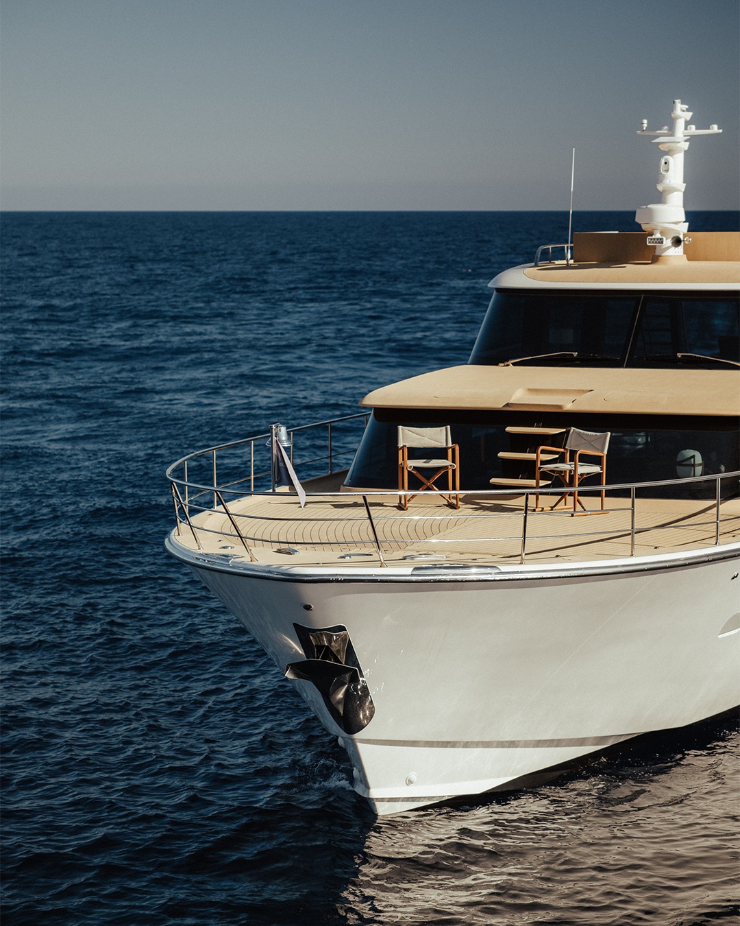 Close-up detail of Sanlorenzo yacht's sophisticated exterior design and engineering