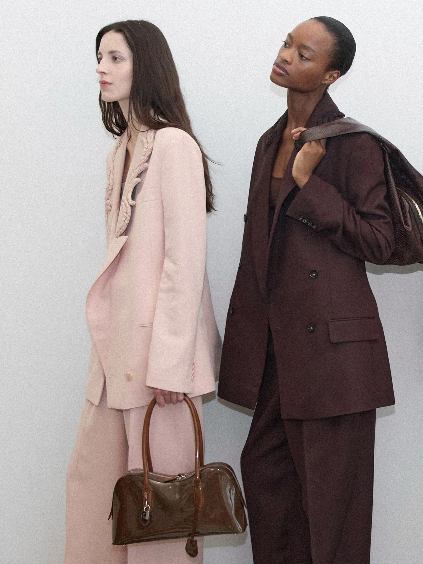 Softly structured Stella McCartney tailoring featuring wave motifs and dropped lapels in neutral tones