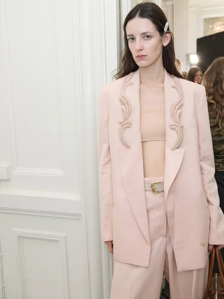 Complete tailored look featuring coordinated pieces with vegan leather accessories