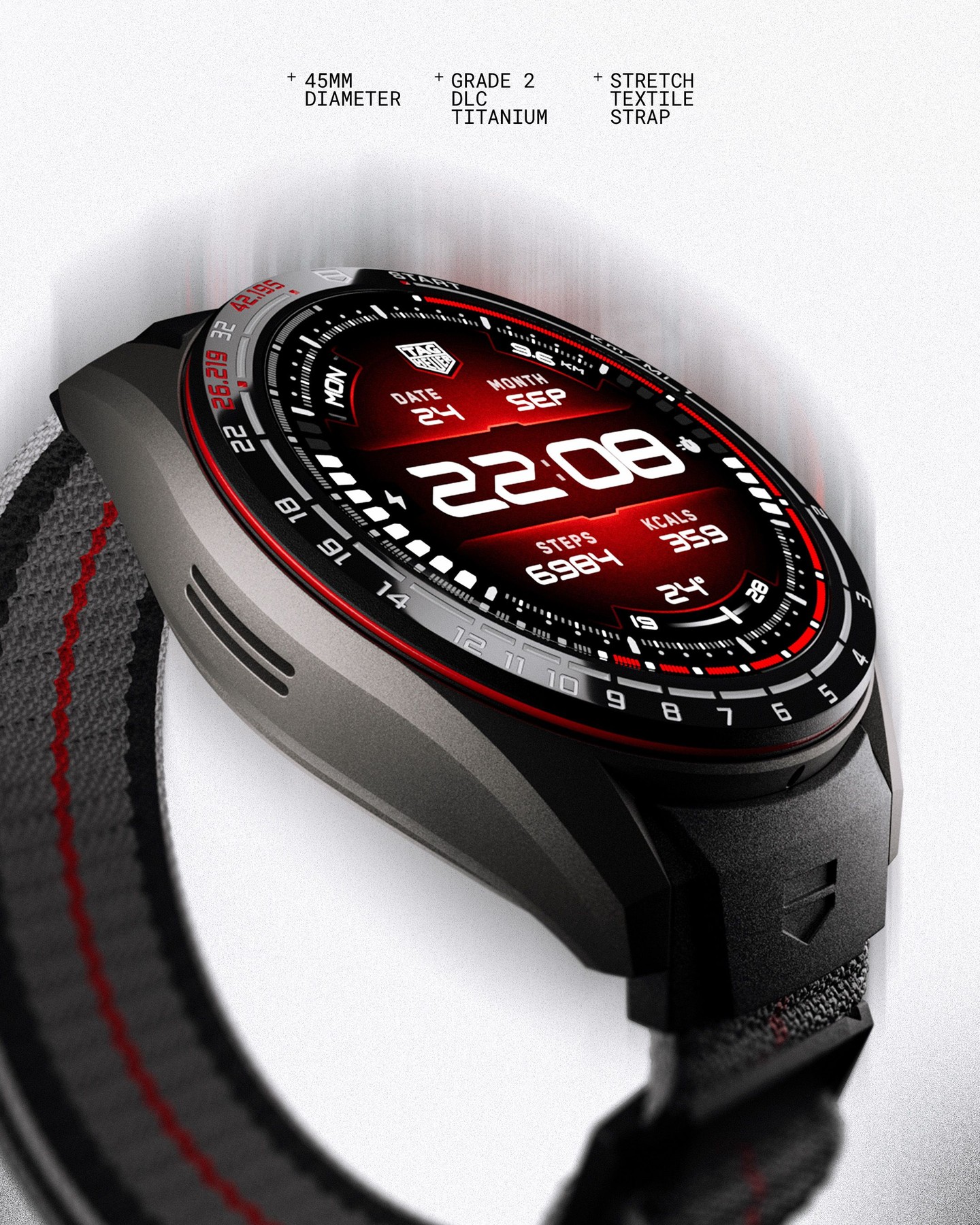 TAG Heuer Connected Calibre E5 Running Edition 45mm smartwatch with sandblasted titanium case displayed on wrist during active use