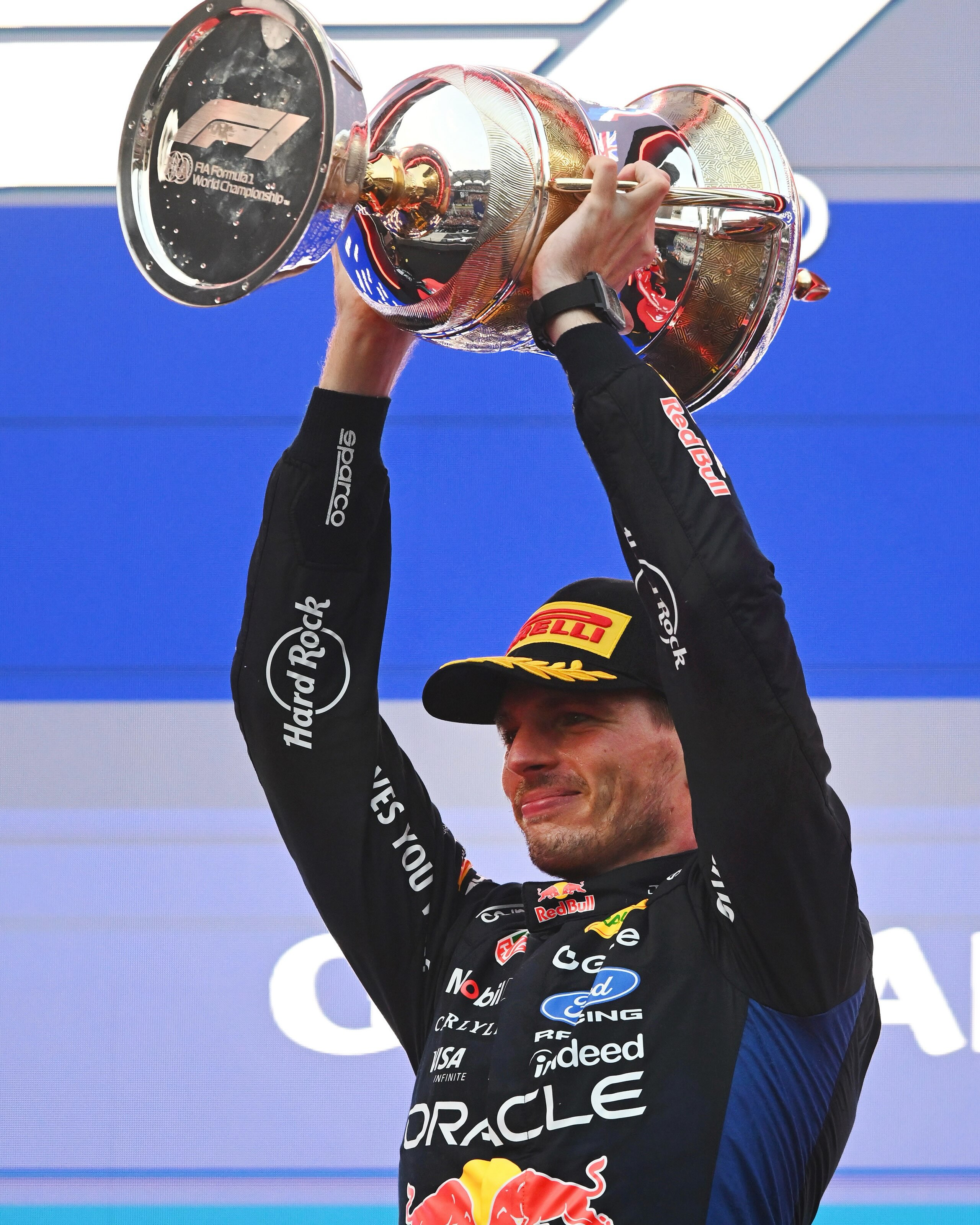 Max Verstappen celebrating victory at Bahrain Grand Prix podium finish