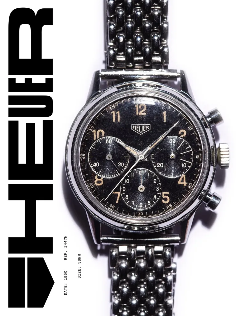 1950 Heuer reference 2447 chronograph displaying characteristic black dial and enlarged case construction