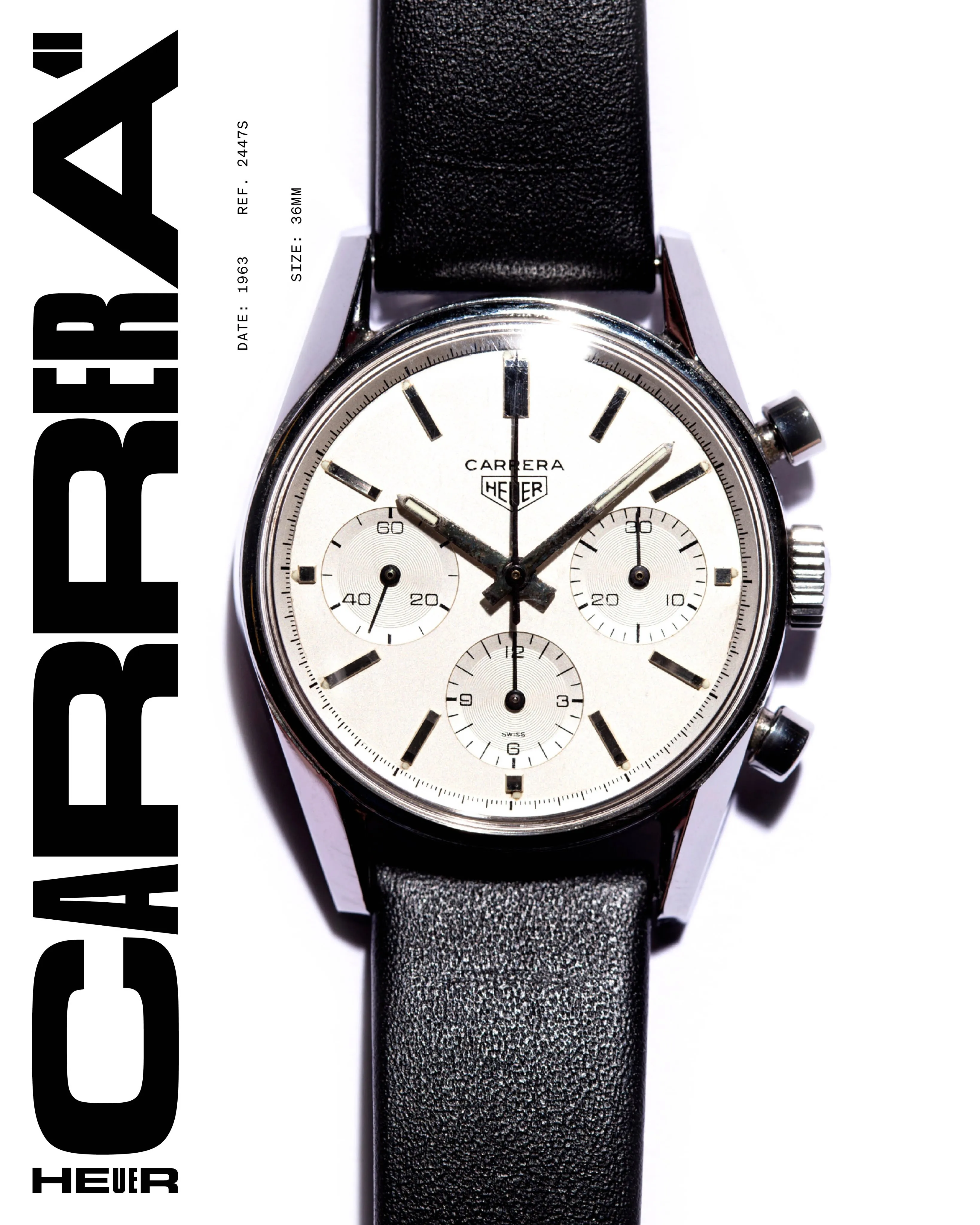 Historic TAG Heuer Carrera reference 2447S from 1963, showcasing elegant proportions and clean legible dial design
